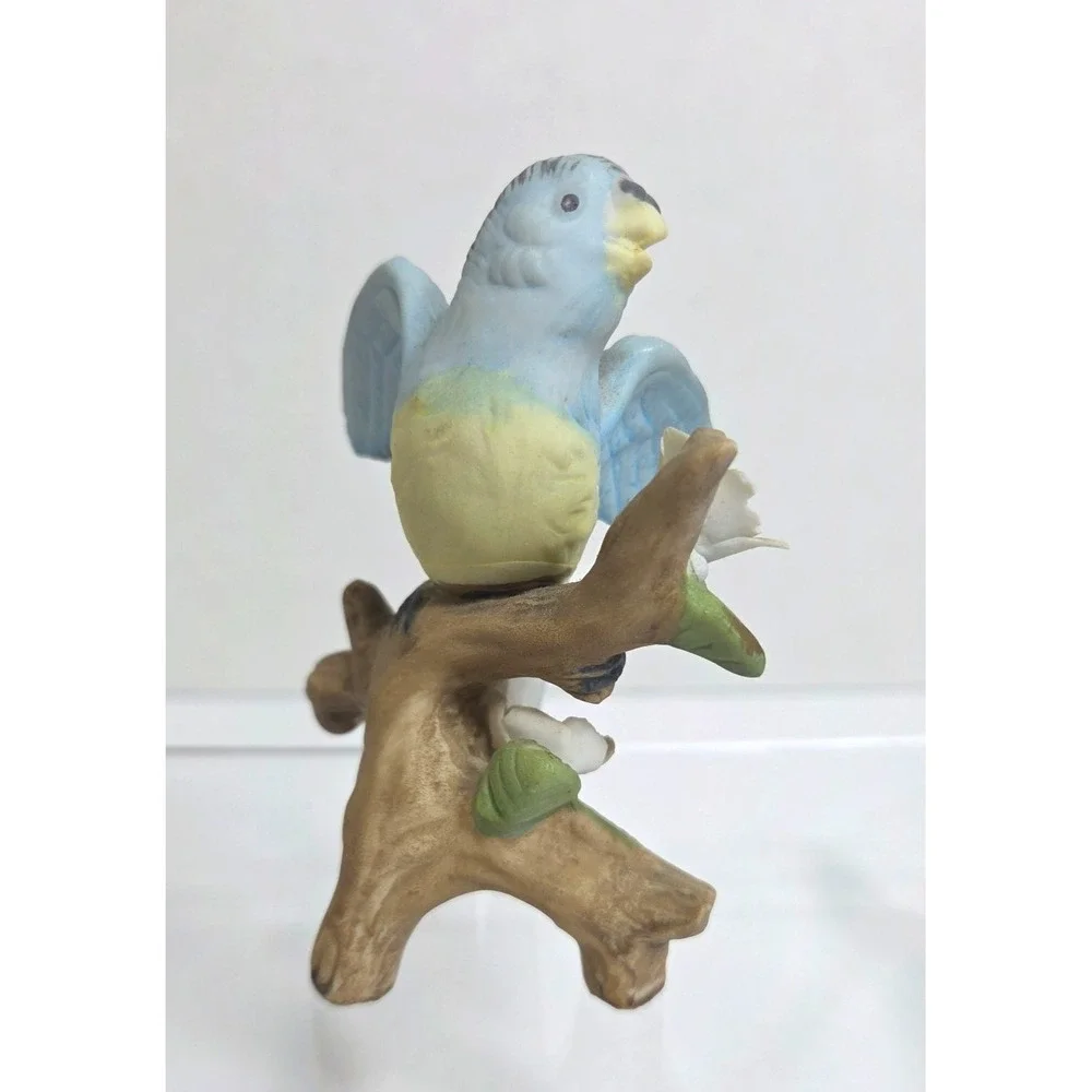 Vintage Ceramic Blue Bird Figurine On Branch With Applied Flowers